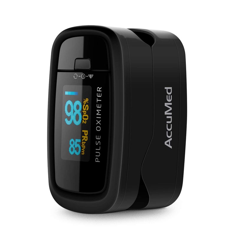 AccuMed CMS-50D1 Fingertip Pulse Oximeter Blood Oxygen Sensor SpO2 for Sports and Aviation. Portable and Lightweight with LED Display, 2 AAA Batteries, Lanyard and Travel Case (Black) - Image 1
